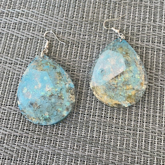 Festive Handmade Pressed Flower Large Holiday Earrings Blue Rudolph Teardrop - Picture 4 of 10